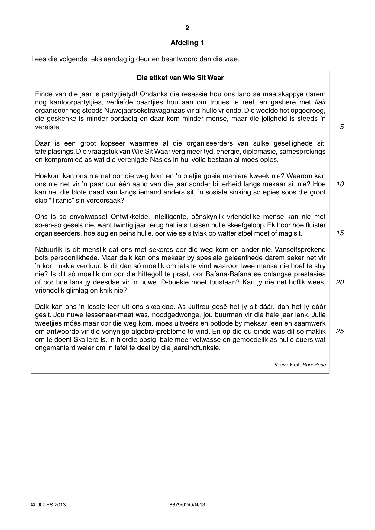 Cambridge A Level Afrikaans - Language (AS Level only) 8679 2013 Oct/Nov Paper 2 · Variant 1 question paper, page 2 of 8