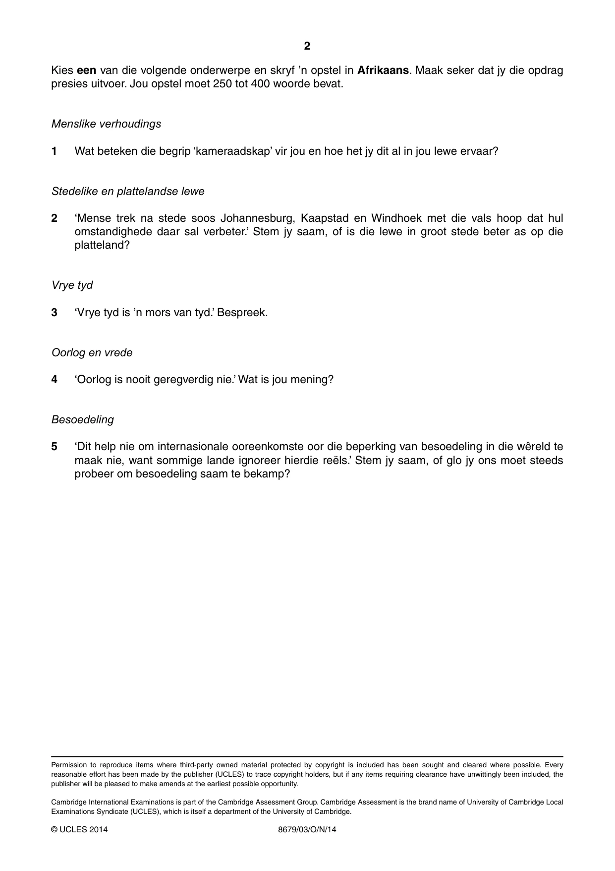 Cambridge A Level Afrikaans - Language (AS Level only) 8679 2014 Oct/Nov Paper 3 · Variant 1 question paper, page 2 of 2