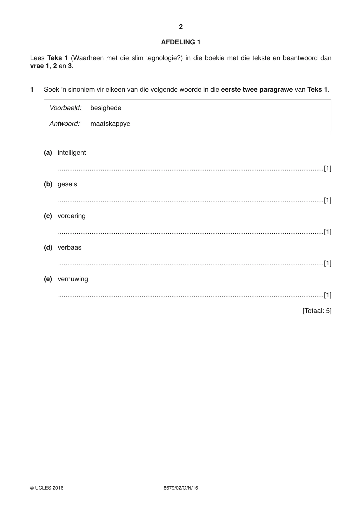 Cambridge A Level Afrikaans - Language (AS Level only) 8679 2016 Oct/Nov Paper 2 · Variant 1 question paper, page 2 of 12