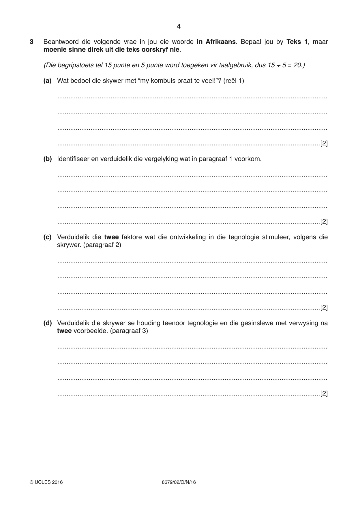 Cambridge A Level Afrikaans - Language (AS Level only) 8679 2016 Oct/Nov Paper 2 · Variant 1 question paper, page 4 of 12
