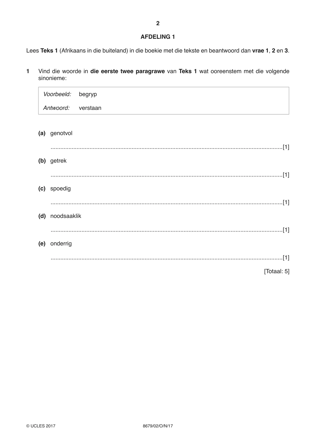 Cambridge A Level Afrikaans - Language (AS Level only) 8679 2017 Oct/Nov Paper 2 · Variant 1 question paper, page 2 of 12