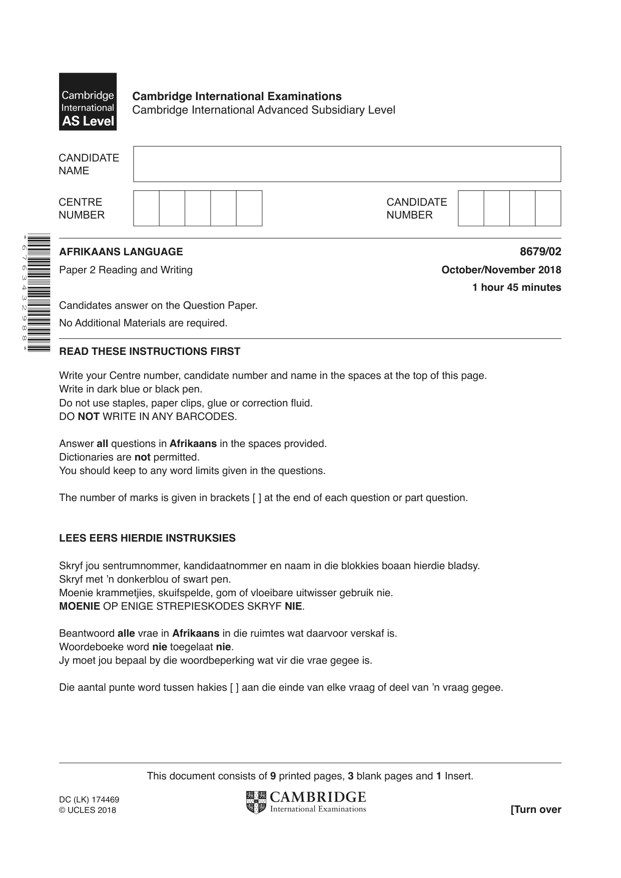 Cambridge A Level Afrikaans - Language (AS Level only) 8679 2018 Oct/Nov Paper 2 · Variant 0 question paper, page 1 of 12