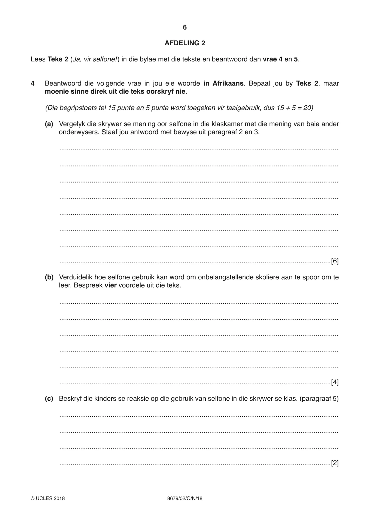 Cambridge A Level Afrikaans - Language (AS Level only) 8679 2018 Oct/Nov Paper 2 · Variant 0 question paper, page 6 of 12