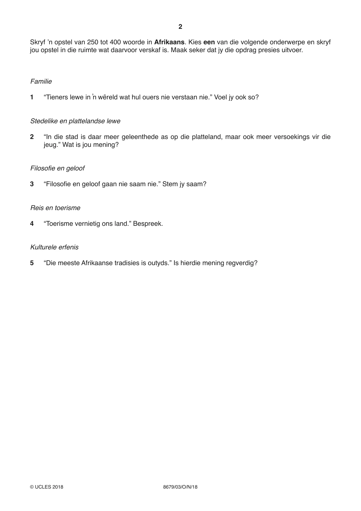Cambridge A Level Afrikaans - Language (AS Level only) 8679 2018 Oct/Nov Paper 3 · Variant 0 question paper, page 2 of 8