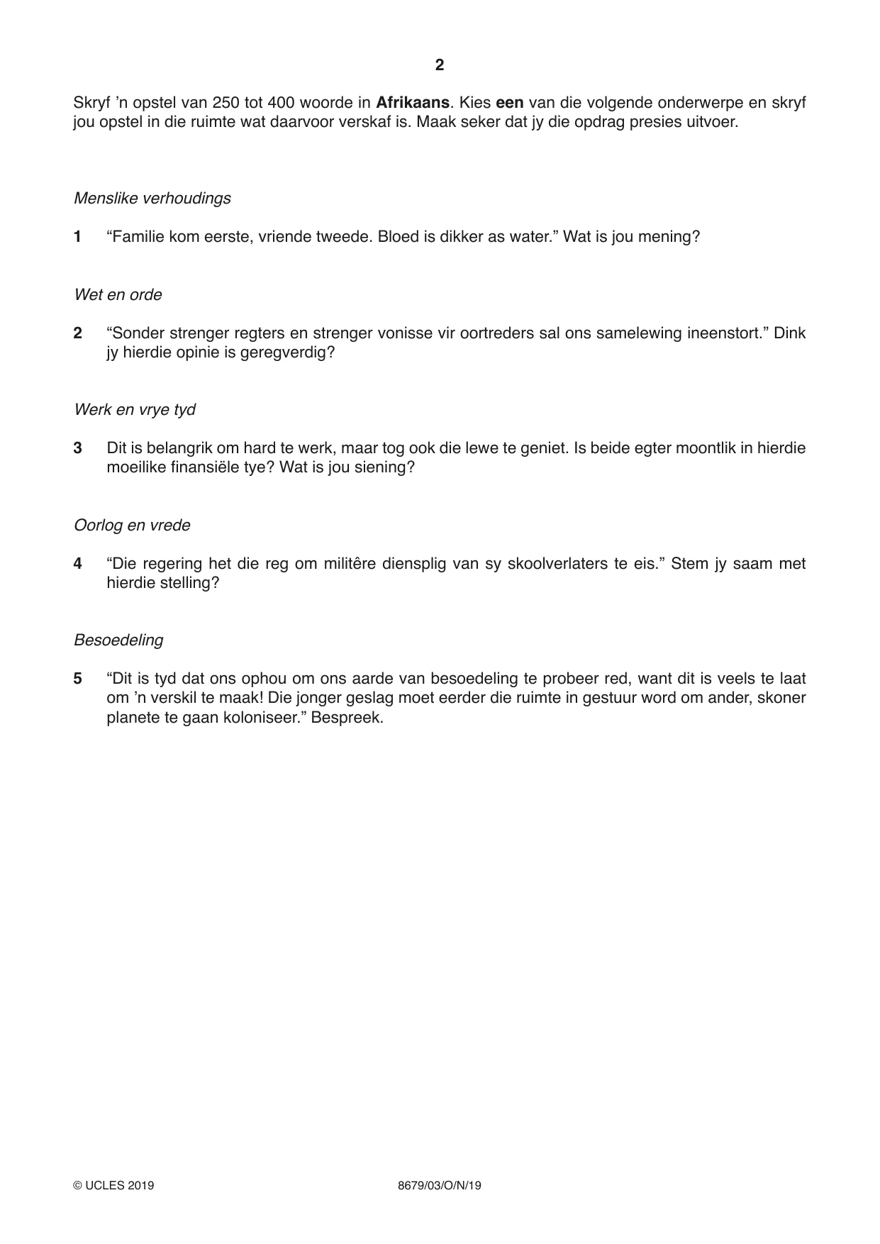 Cambridge A Level Afrikaans - Language (AS Level only) 8679 2019 Oct/Nov Paper 3 · Variant 1 question paper, page 2 of 8