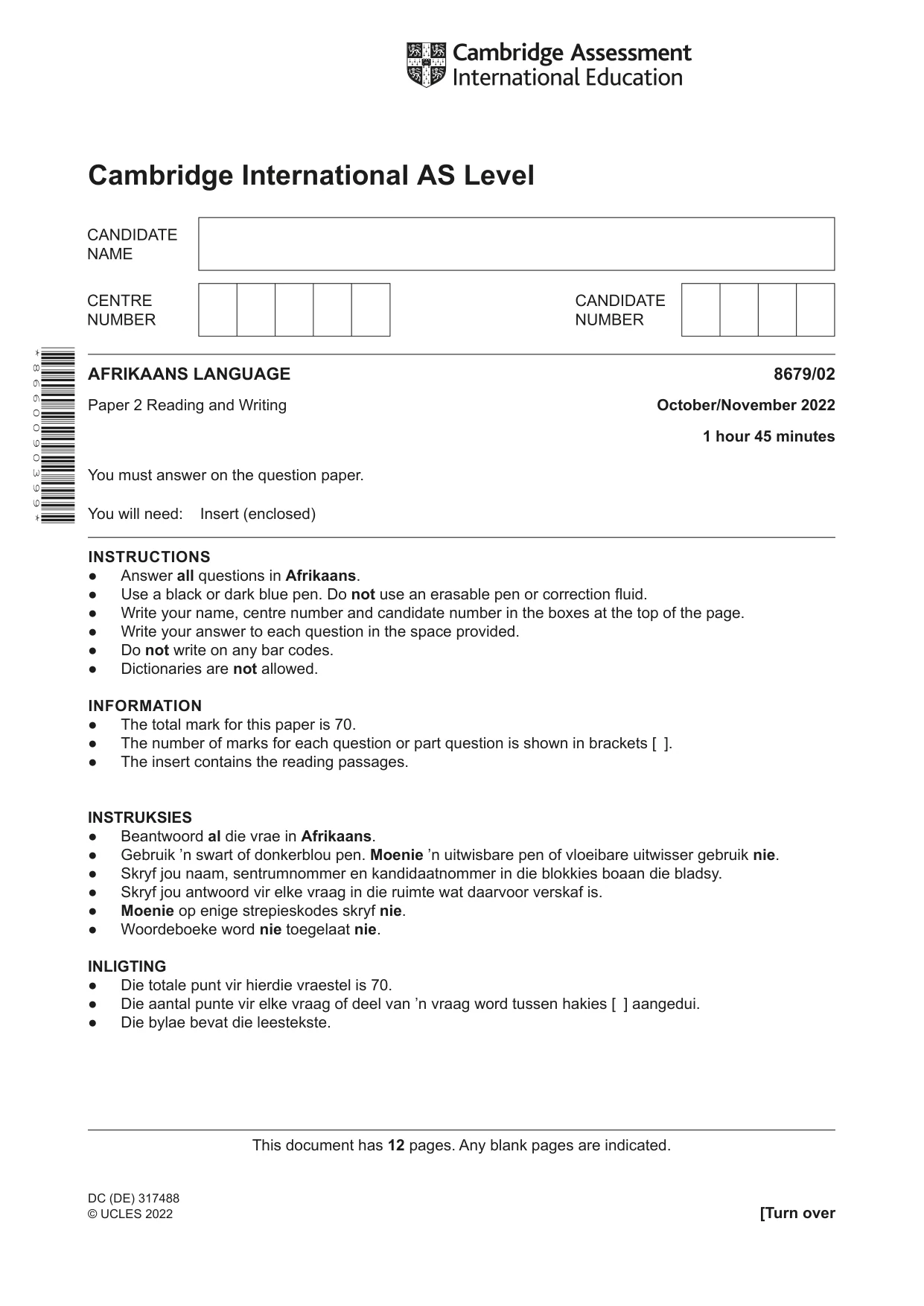Cambridge A Level Afrikaans - Language (AS Level only) 8679 2022 Oct/Nov Paper 2 · Variant 0 question paper, page 1 of 12