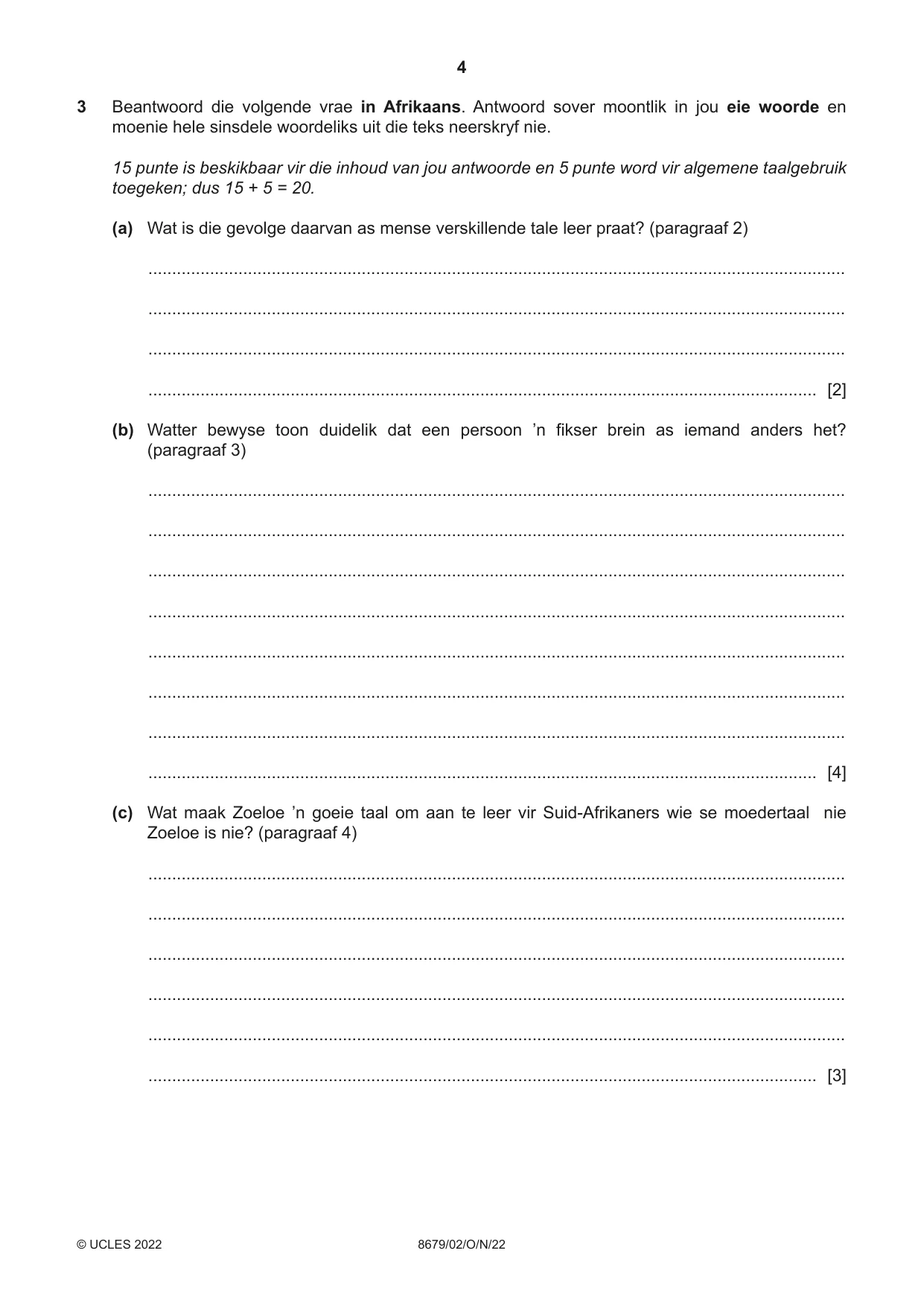 Cambridge A Level Afrikaans - Language (AS Level only) 8679 2022 Oct/Nov Paper 2 · Variant 0 question paper, page 4 of 12