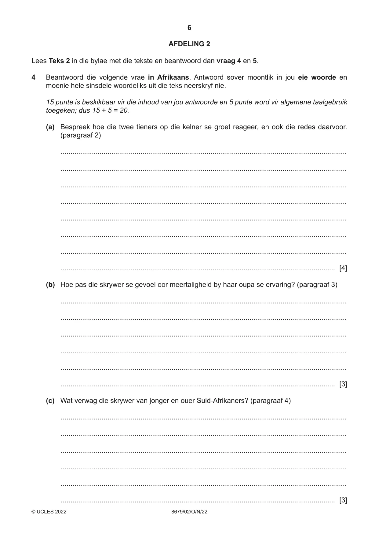 Cambridge A Level Afrikaans - Language (AS Level only) 8679 2022 Oct/Nov Paper 2 · Variant 0 question paper, page 6 of 12
