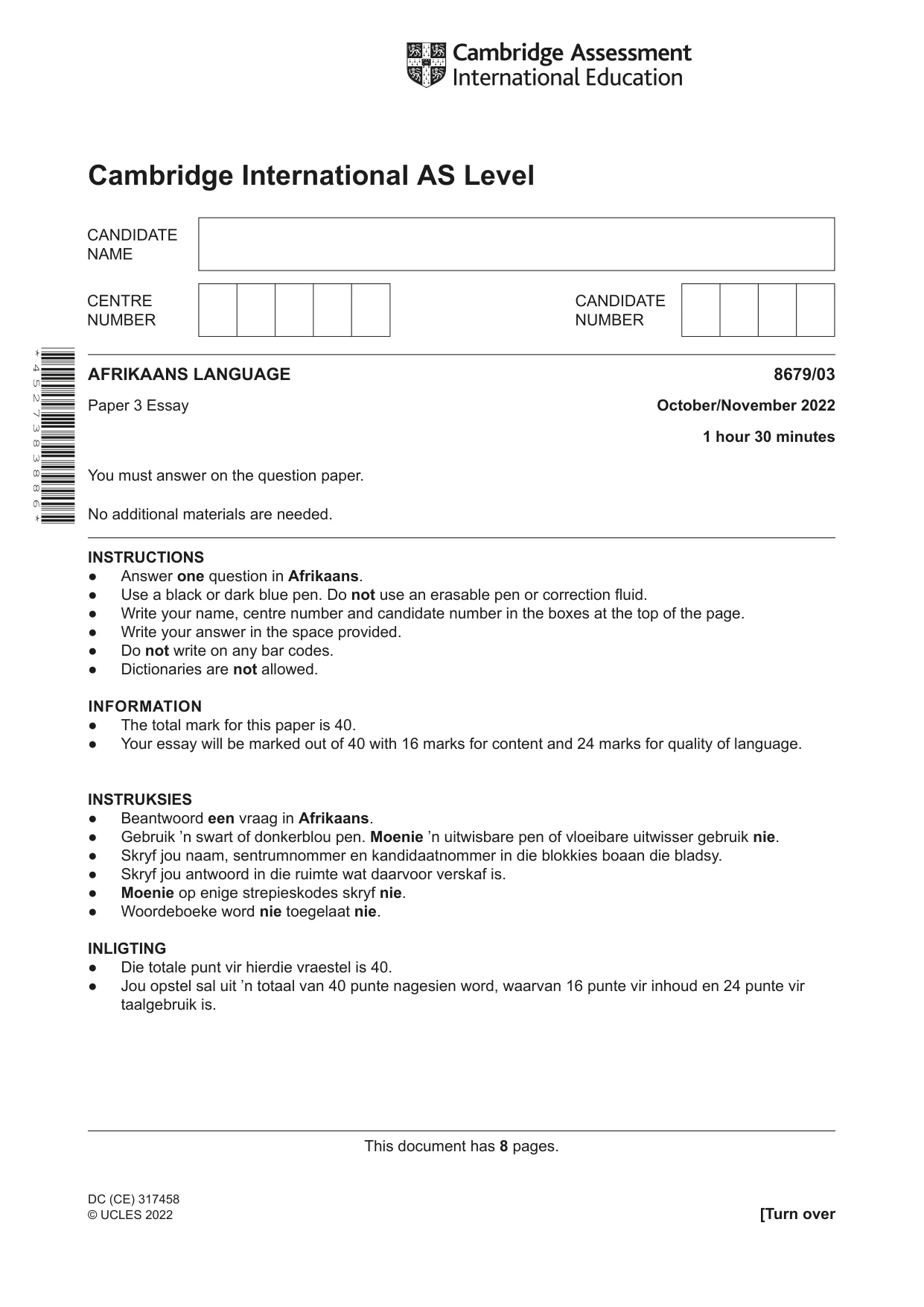 Cambridge A Level Afrikaans - Language (AS Level only) 8679 2022 Oct/Nov Paper 3 · Variant 0 question paper, page 1 of 8