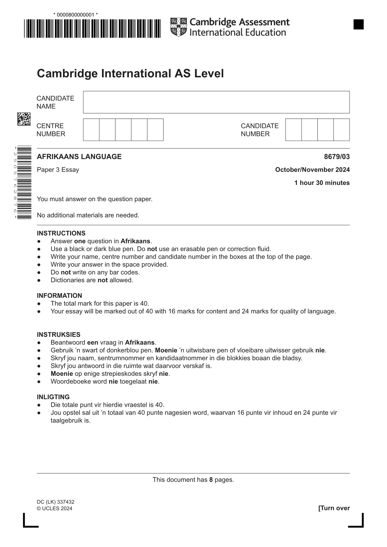 Cambridge A Level Afrikaans - Language (AS Level only) 8679 2024 Oct/Nov Paper 3 · Variant 0 question paper, page 1 of 8