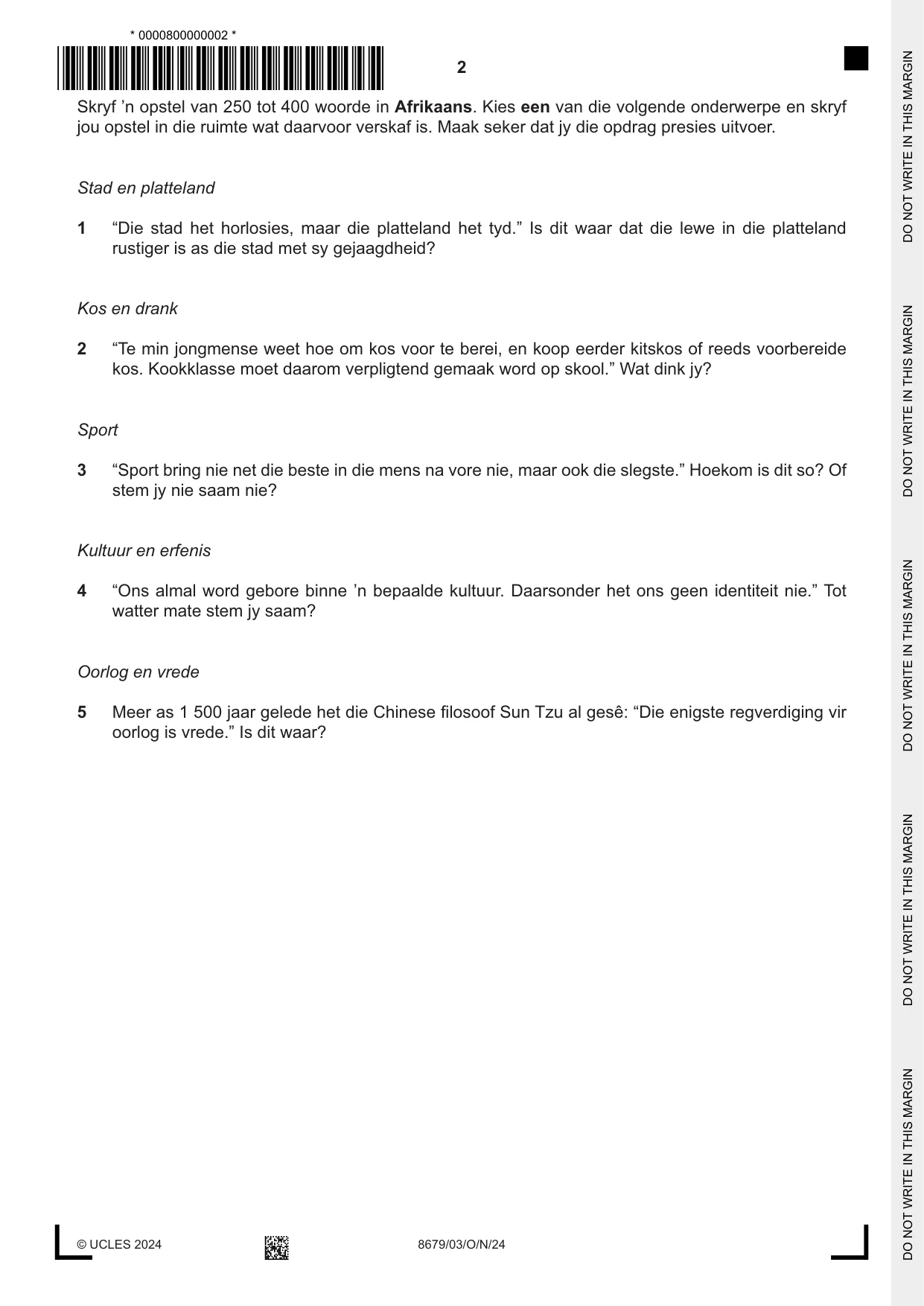 Cambridge A Level Afrikaans - Language (AS Level only) 8679 2024 Oct/Nov Paper 3 · Variant 0 question paper, page 2 of 8