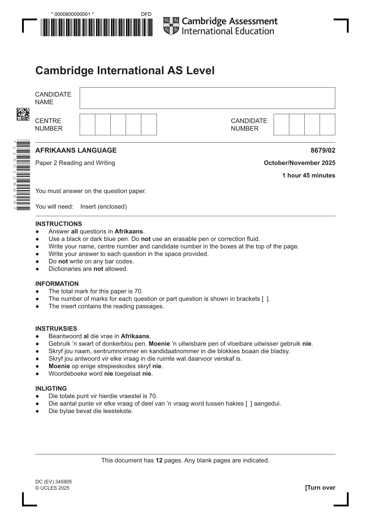 Cambridge A Level Afrikaans - Language (AS Level only) 8679 2025 Oct/Nov Paper 2 · Variant 0 question paper, page 1 of 12