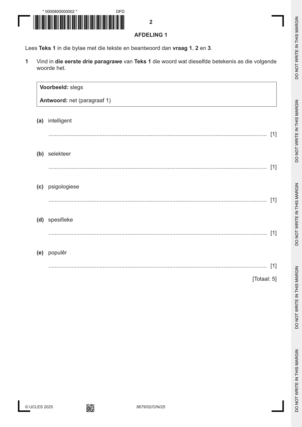 Cambridge A Level Afrikaans - Language (AS Level only) 8679 2025 Oct/Nov Paper 2 · Variant 0 question paper, page 2 of 12