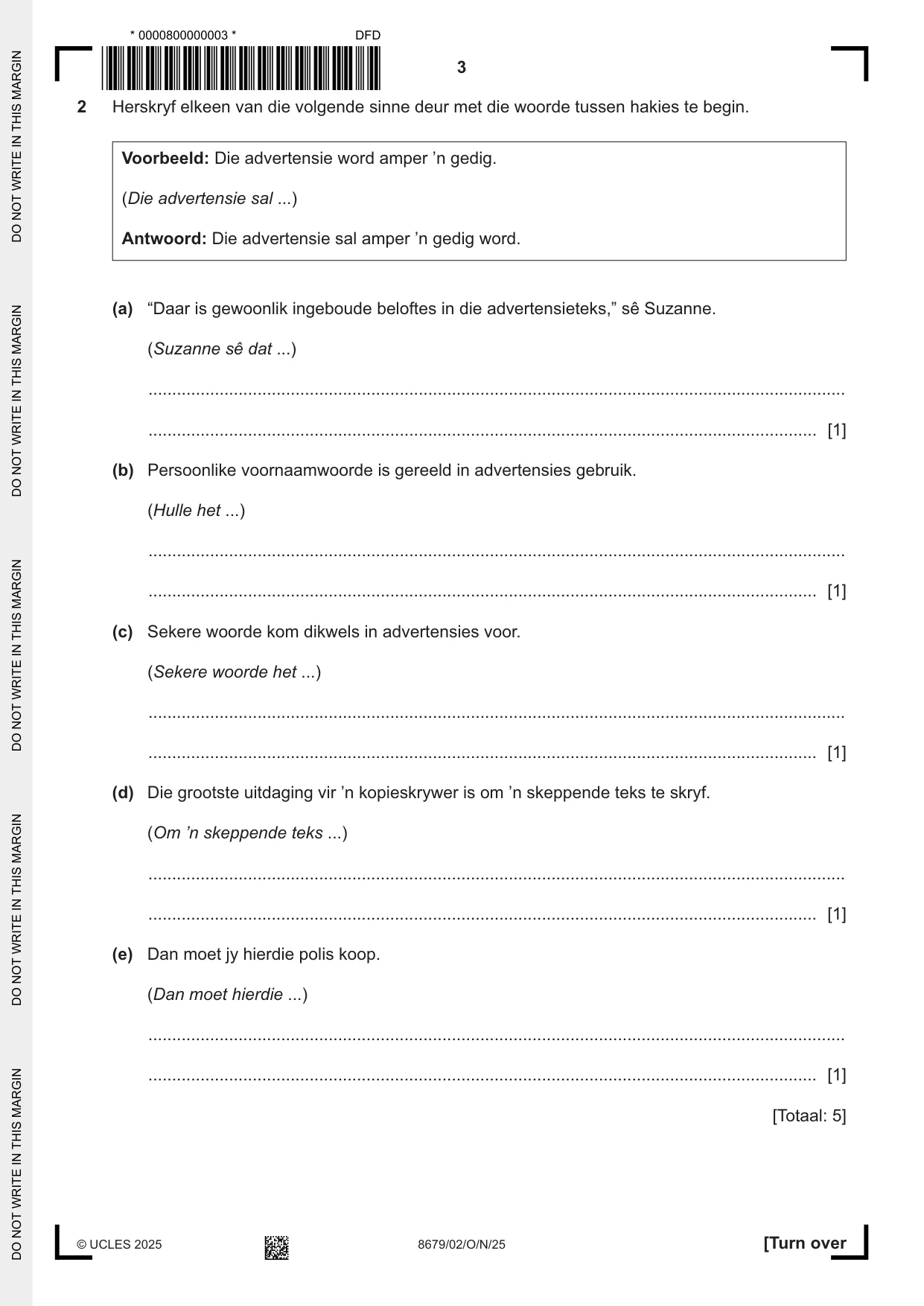 Cambridge A Level Afrikaans - Language (AS Level only) 8679 2025 Oct/Nov Paper 2 · Variant 0 question paper, page 3 of 12