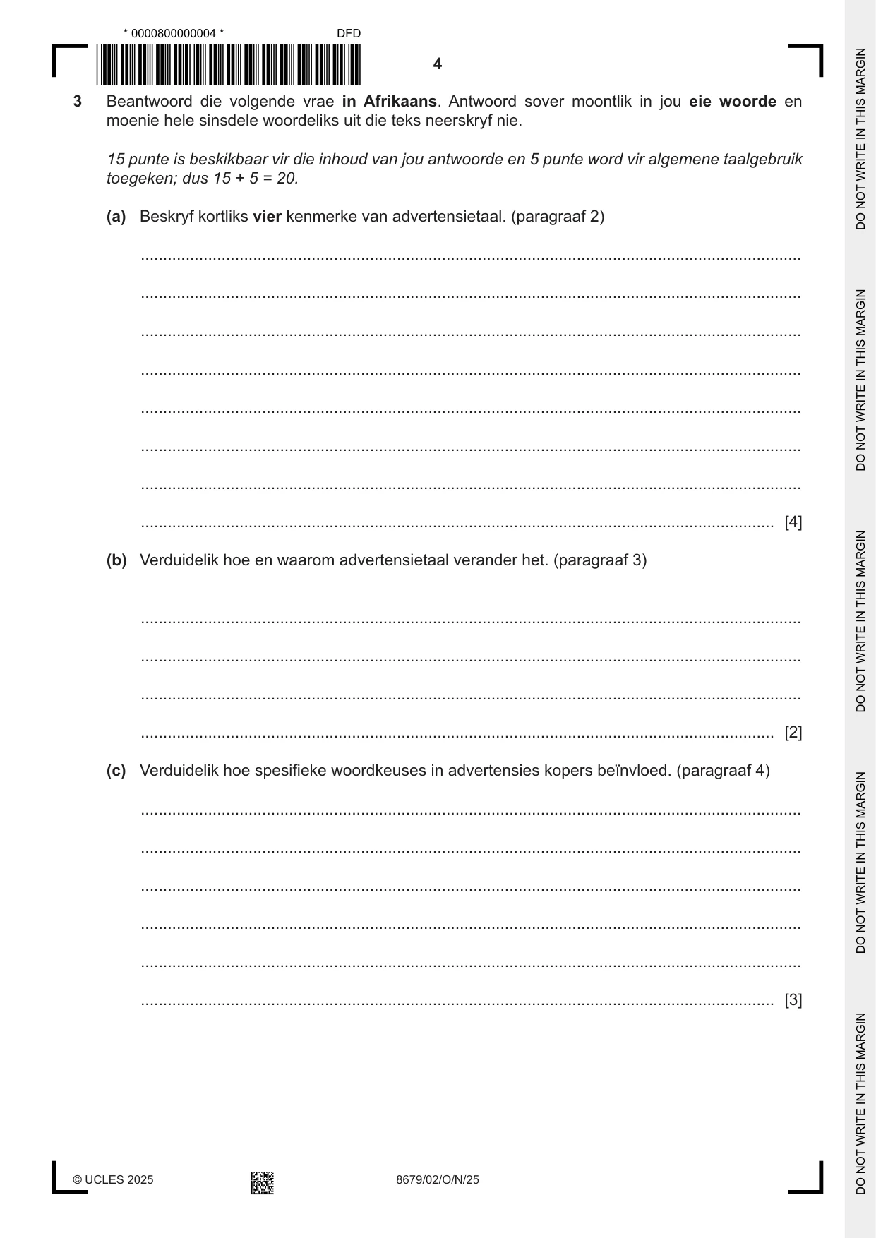 Cambridge A Level Afrikaans - Language (AS Level only) 8679 2025 Oct/Nov Paper 2 · Variant 0 question paper, page 4 of 12