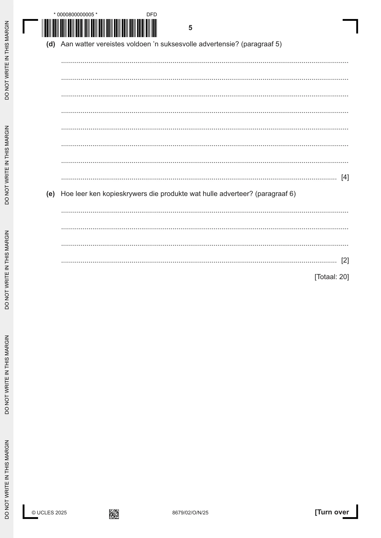 Cambridge A Level Afrikaans - Language (AS Level only) 8679 2025 Oct/Nov Paper 2 · Variant 0 question paper, page 5 of 12
