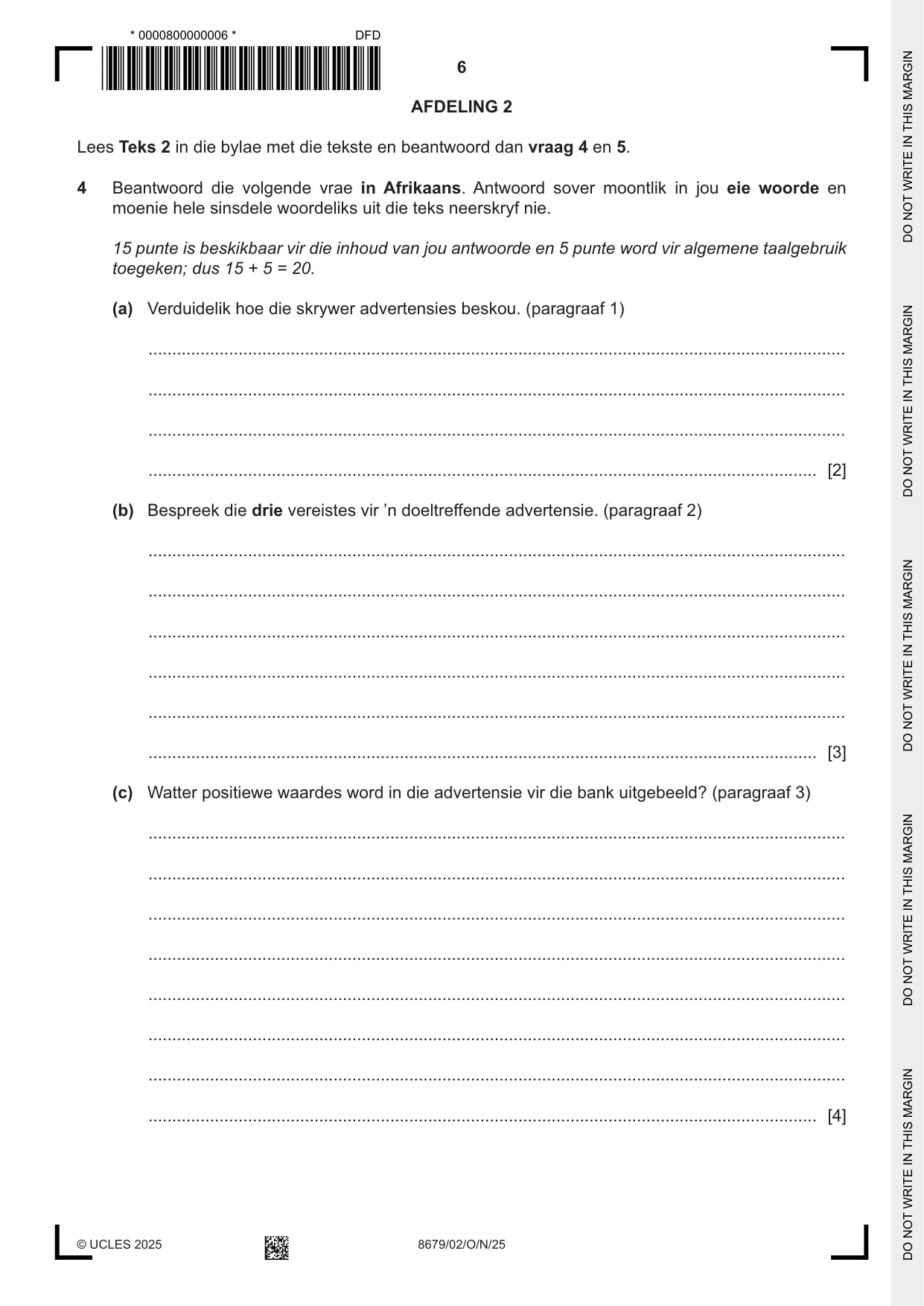 Cambridge A Level Afrikaans - Language (AS Level only) 8679 2025 Oct/Nov Paper 2 · Variant 0 question paper, page 6 of 12