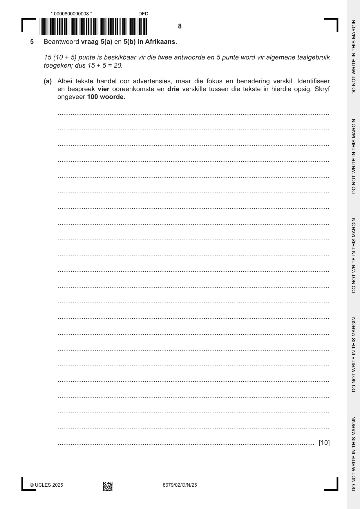 Cambridge A Level Afrikaans - Language (AS Level only) 8679 2025 Oct/Nov Paper 2 · Variant 0 question paper, page 8 of 12