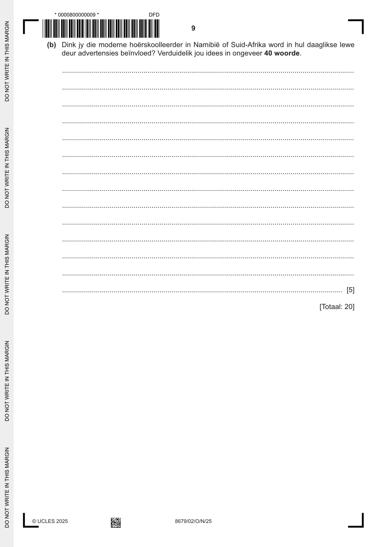 Cambridge A Level Afrikaans - Language (AS Level only) 8679 2025 Oct/Nov Paper 2 · Variant 0 question paper, page 9 of 12