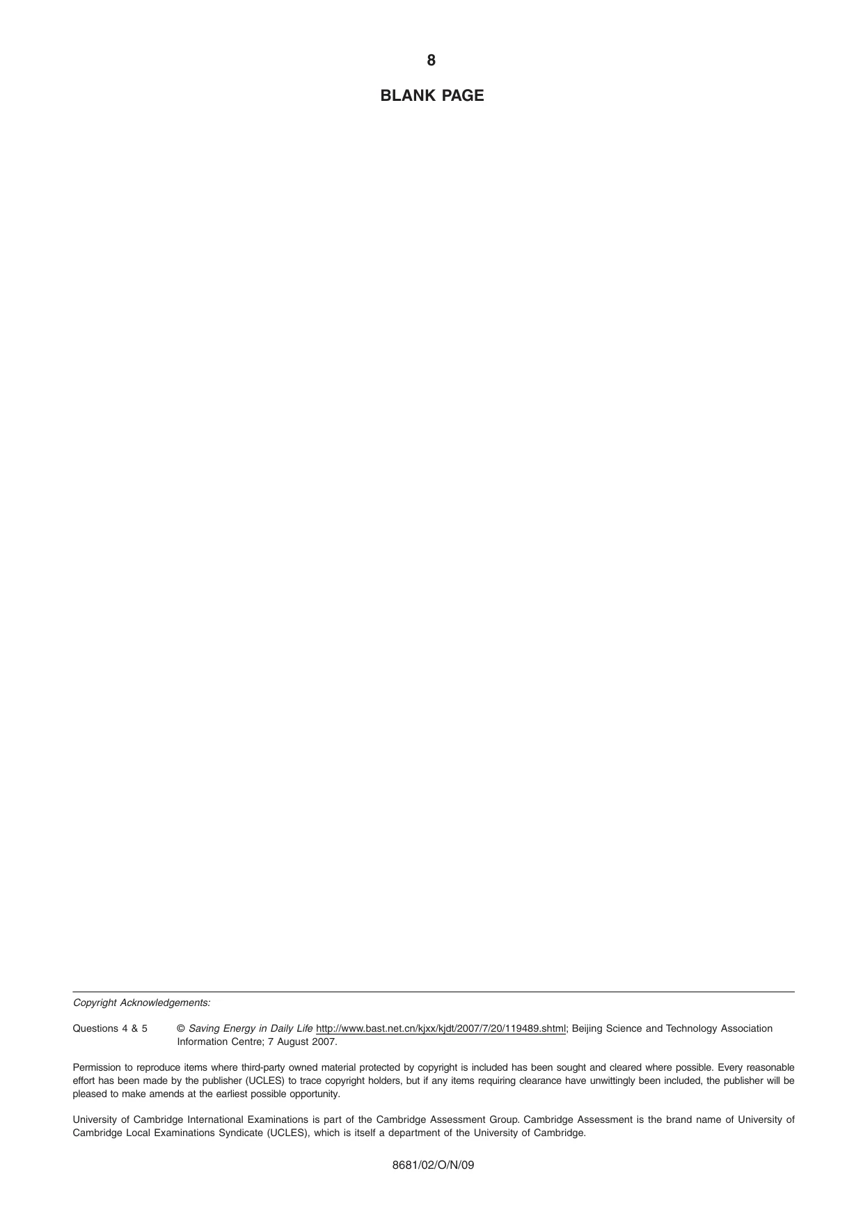 Cambridge A Level Chinese - Language (AS Level only) 8681 2009 Oct/Nov Paper 2 · Variant 1 question paper, page 8 of 8