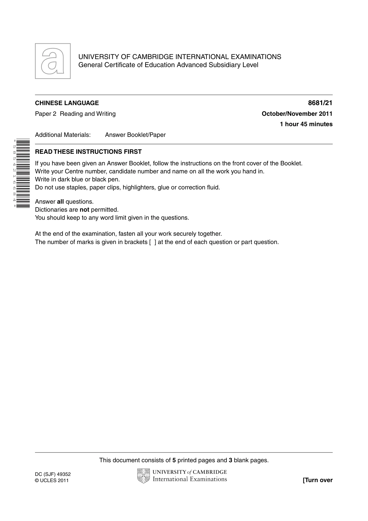 Cambridge A Level Chinese - Language (AS Level only) 8681 2011 Oct/Nov Paper 2 · Variant 1 question paper, page 1 of 8