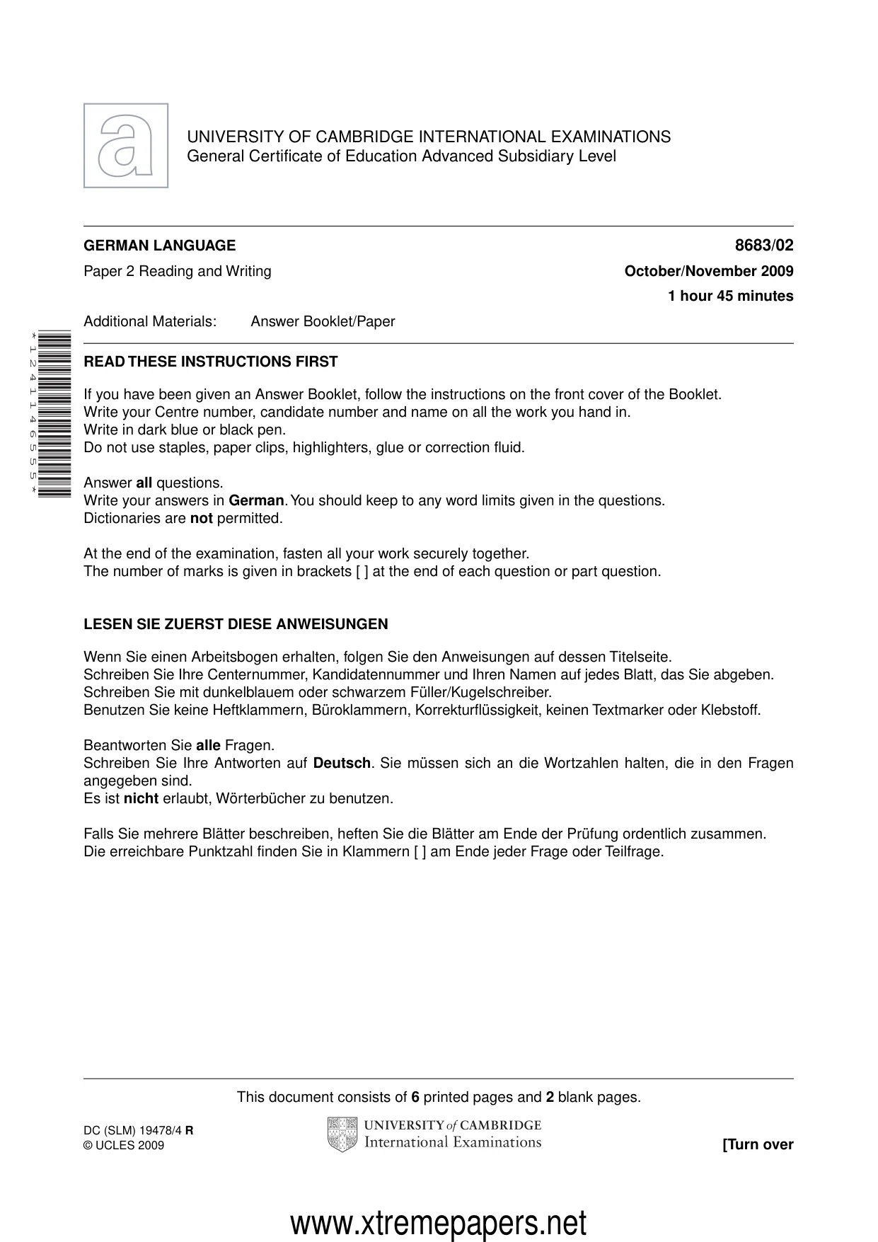 Cambridge A Level German - Language (AS Level only) 8683 2009 Oct/Nov Paper 2 · Variant 1 question paper, page 1 of 8