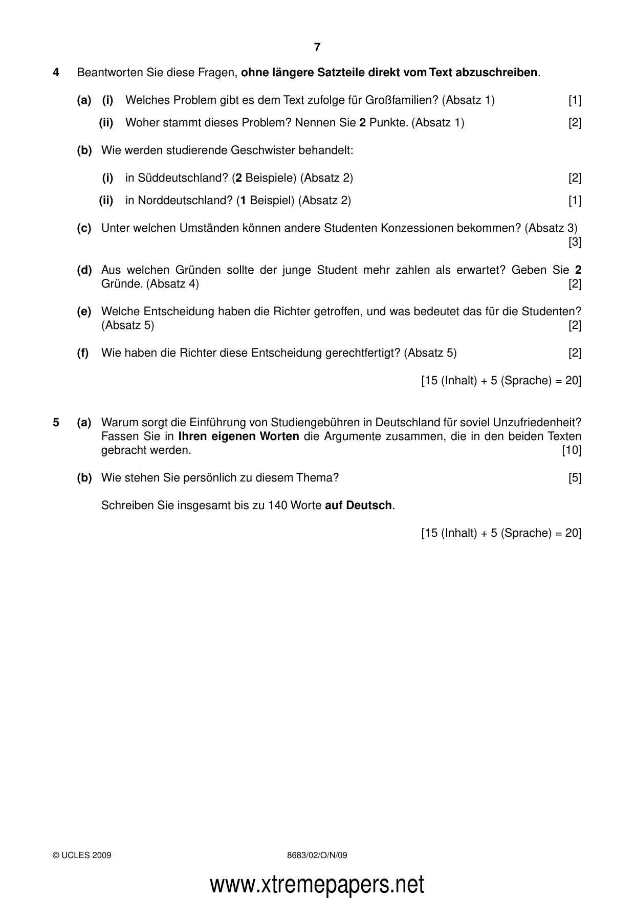 Cambridge A Level German - Language (AS Level only) 8683 2009 Oct/Nov Paper 2 · Variant 1 question paper, page 7 of 8