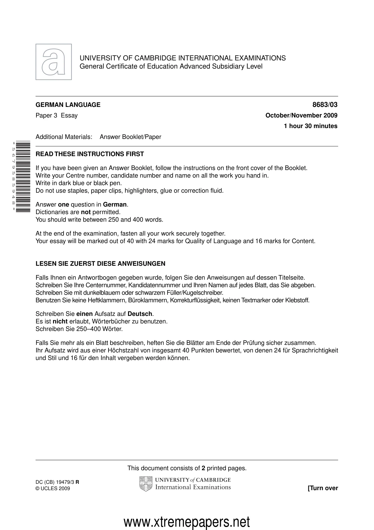 Cambridge A Level German - Language (AS Level only) 8683 2009 Oct/Nov Paper 3 · Variant 1 question paper, page 1 of 2