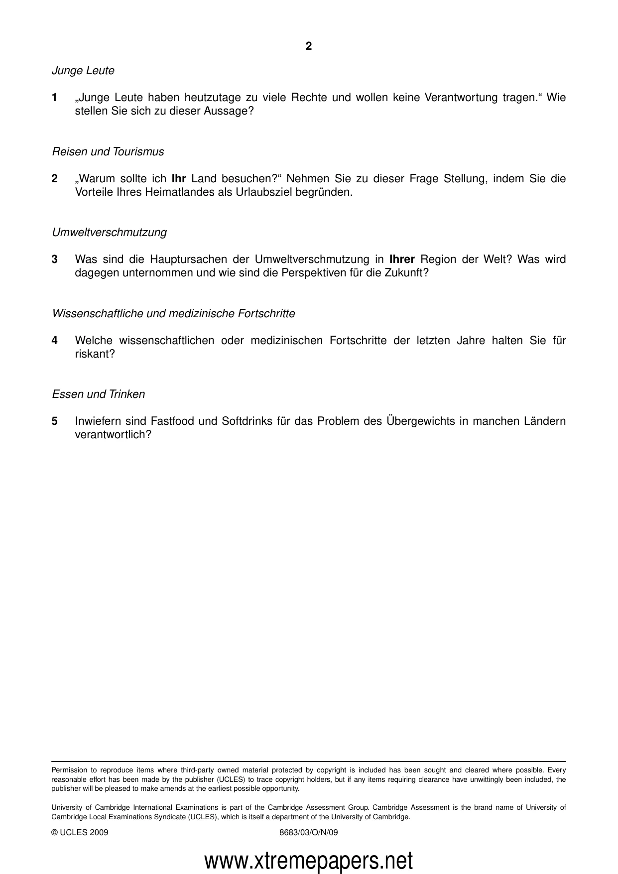Cambridge A Level German - Language (AS Level only) 8683 2009 Oct/Nov Paper 3 · Variant 1 question paper, page 2 of 2