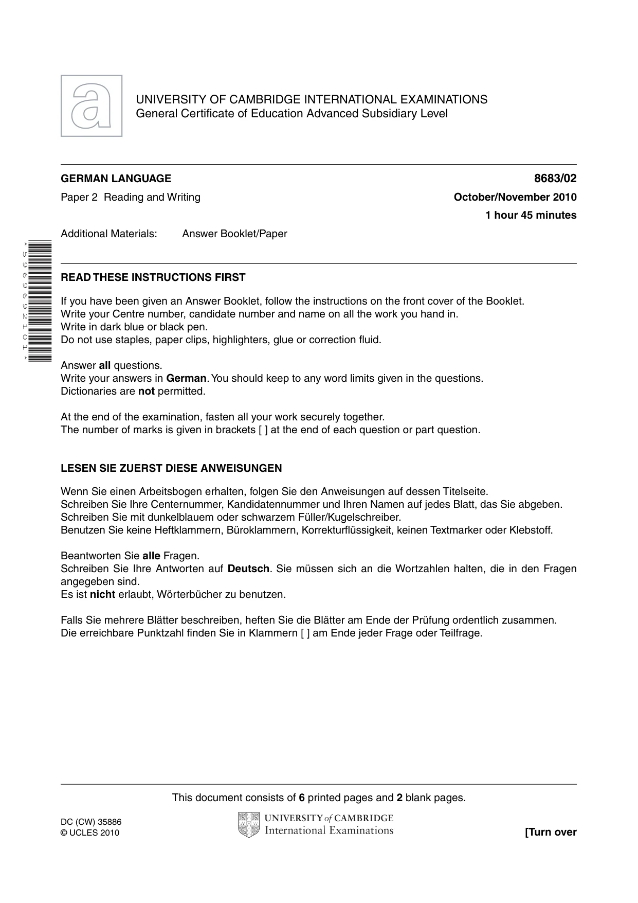 Cambridge A Level German - Language (AS Level only) 8683 2010 Oct/Nov Paper 2 · Variant 1 question paper, page 1 of 8