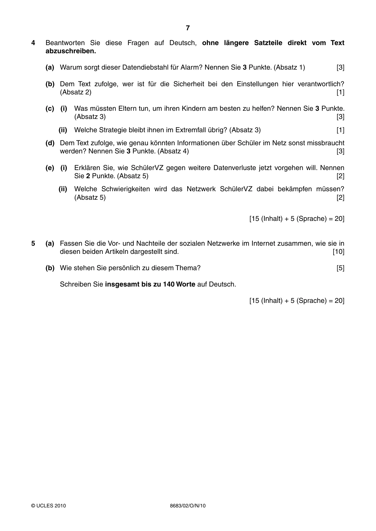 Cambridge A Level German - Language (AS Level only) 8683 2010 Oct/Nov Paper 2 · Variant 1 question paper, page 7 of 8