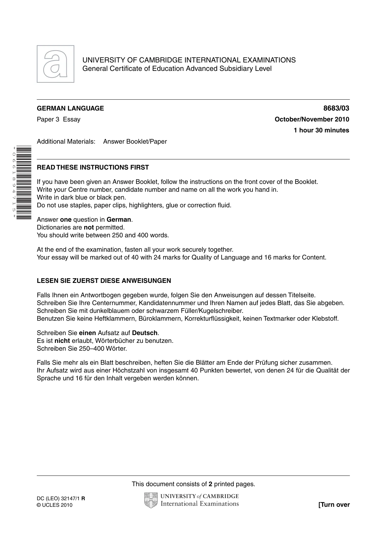 Cambridge A Level German - Language (AS Level only) 8683 2010 Oct/Nov Paper 3 · Variant 1 question paper, page 1 of 2
