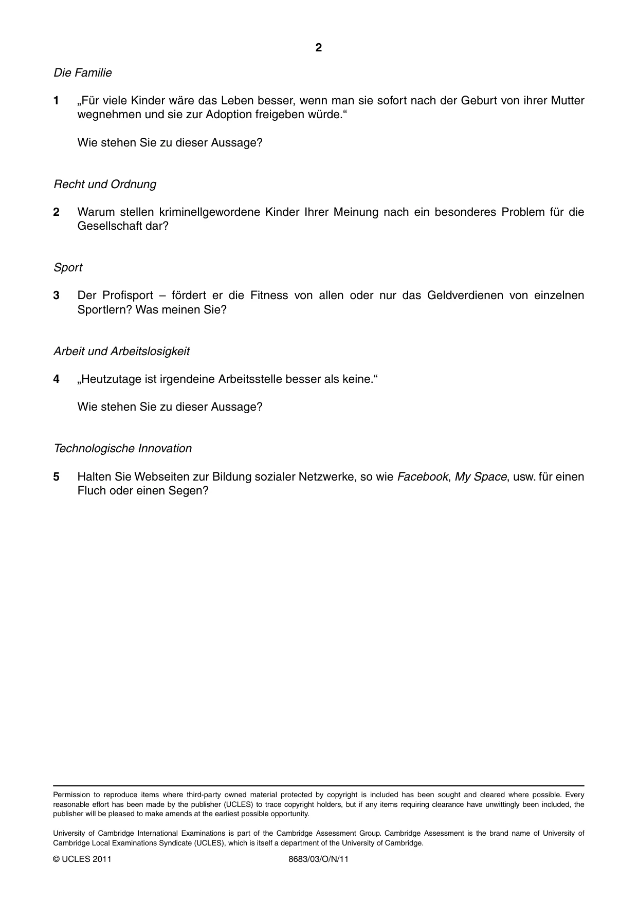 Cambridge A Level German - Language (AS Level only) 8683 2011 Oct/Nov Paper 3 · Variant 1 question paper, page 2 of 2