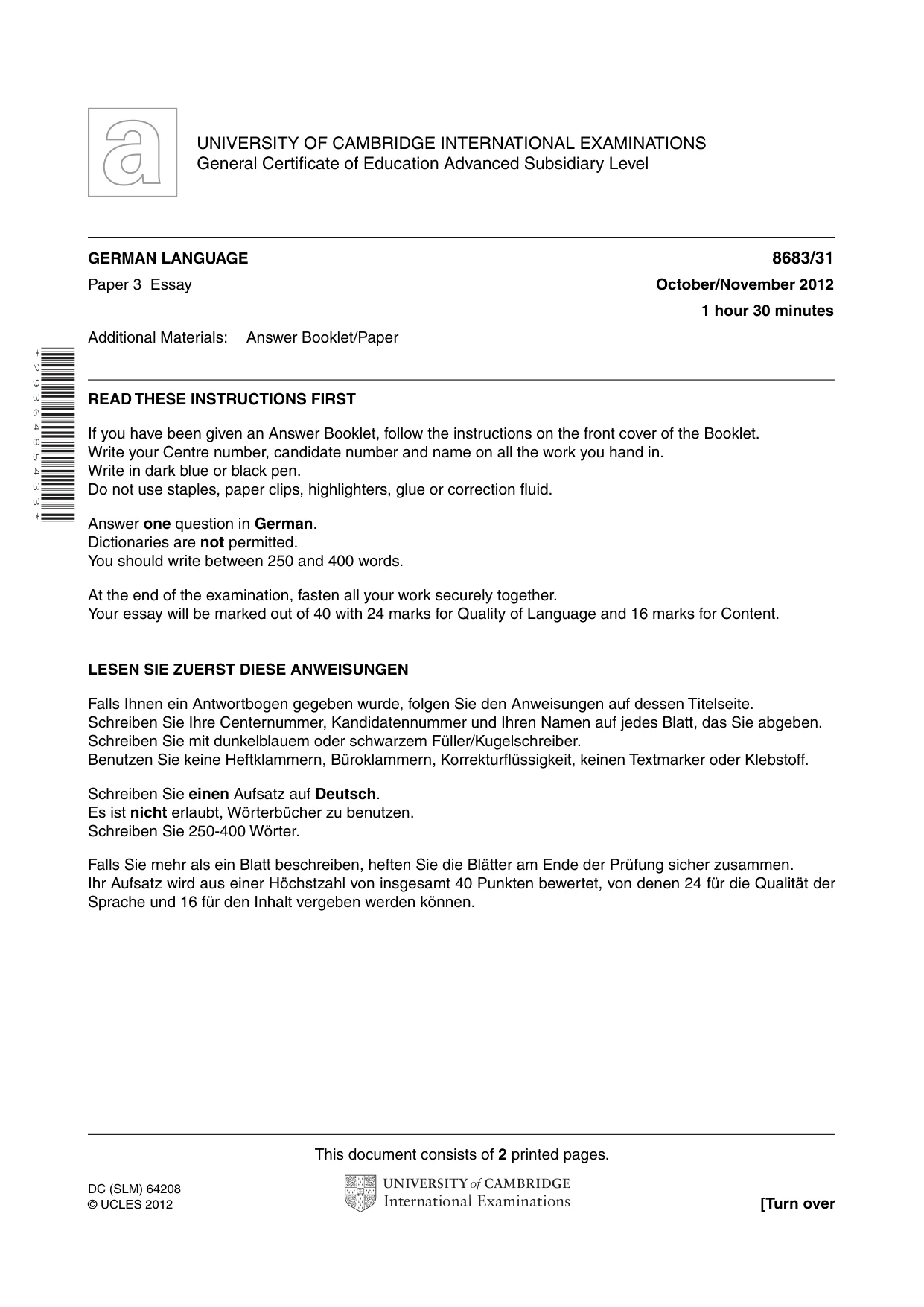 Cambridge A Level German - Language (AS Level only) 8683 2012 Oct/Nov Paper 3 · Variant 1 question paper, page 1 of 2