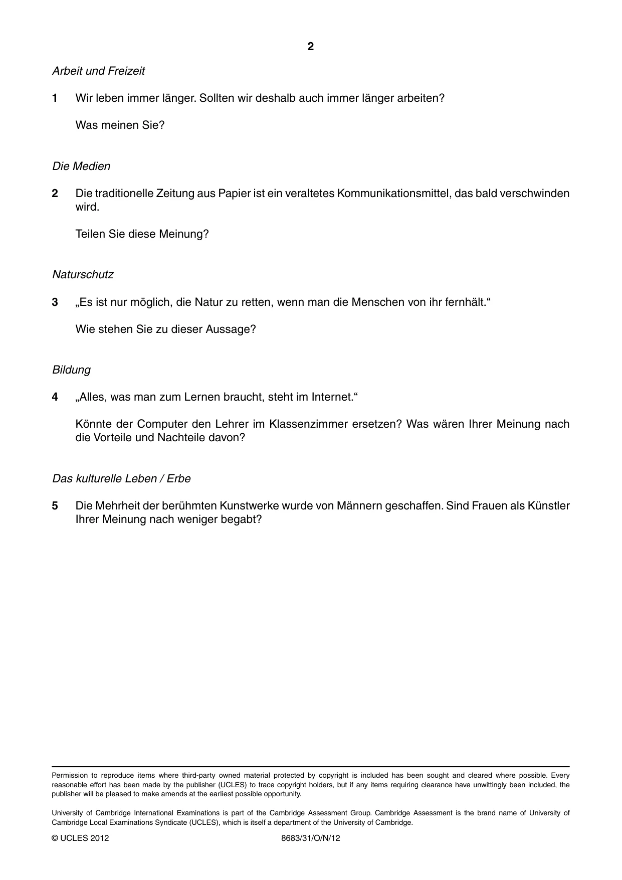 Cambridge A Level German - Language (AS Level only) 8683 2012 Oct/Nov Paper 3 · Variant 1 question paper, page 2 of 2