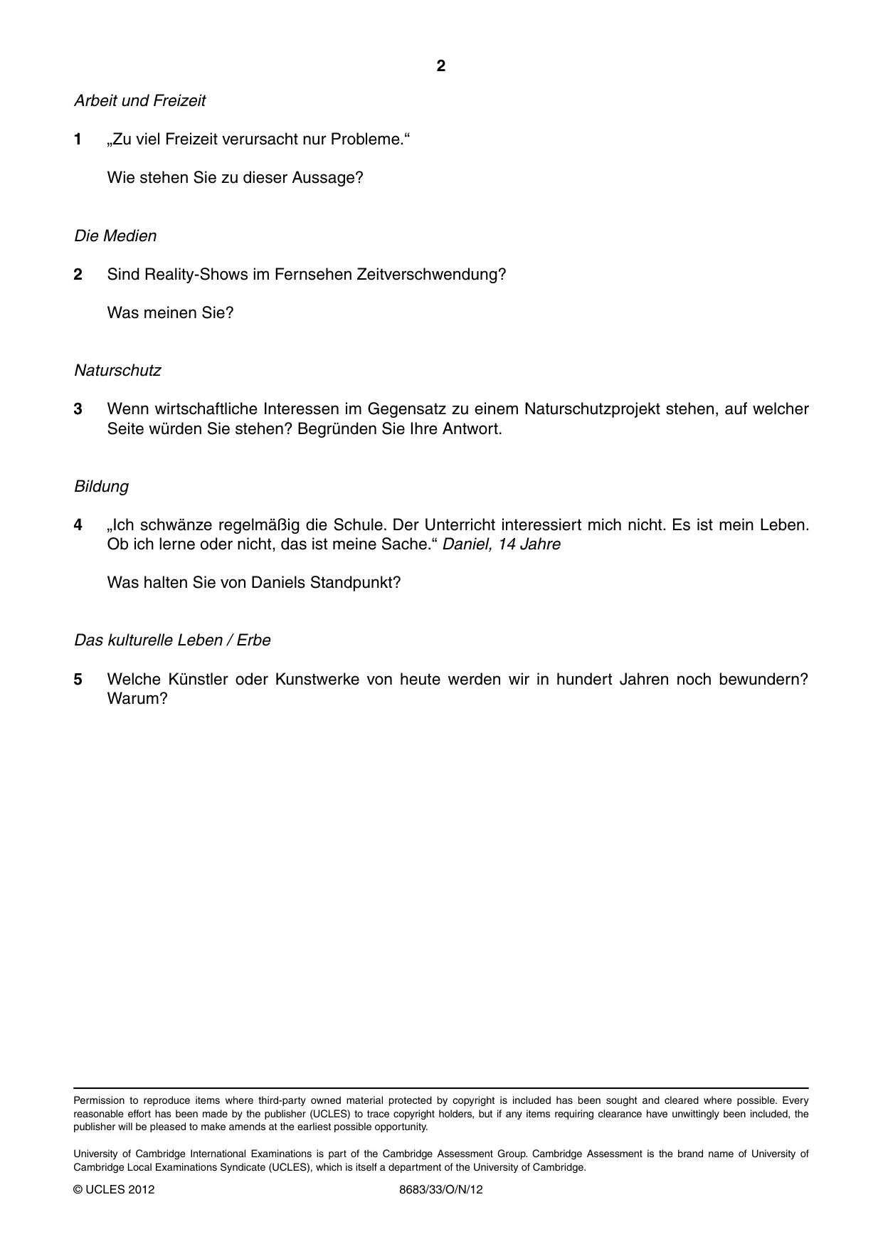 Cambridge A Level German - Language (AS Level only) 8683 2012 Oct/Nov Paper 3 · Variant 3 question paper, page 2 of 2