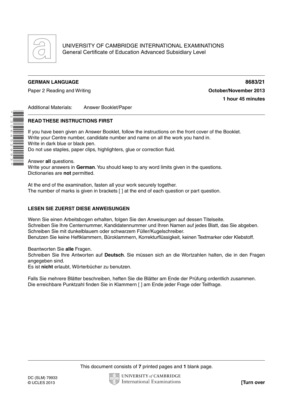 Cambridge A Level German - Language (AS Level only) 8683 2013 Oct/Nov Paper 2 · Variant 1 question paper, page 1 of 8