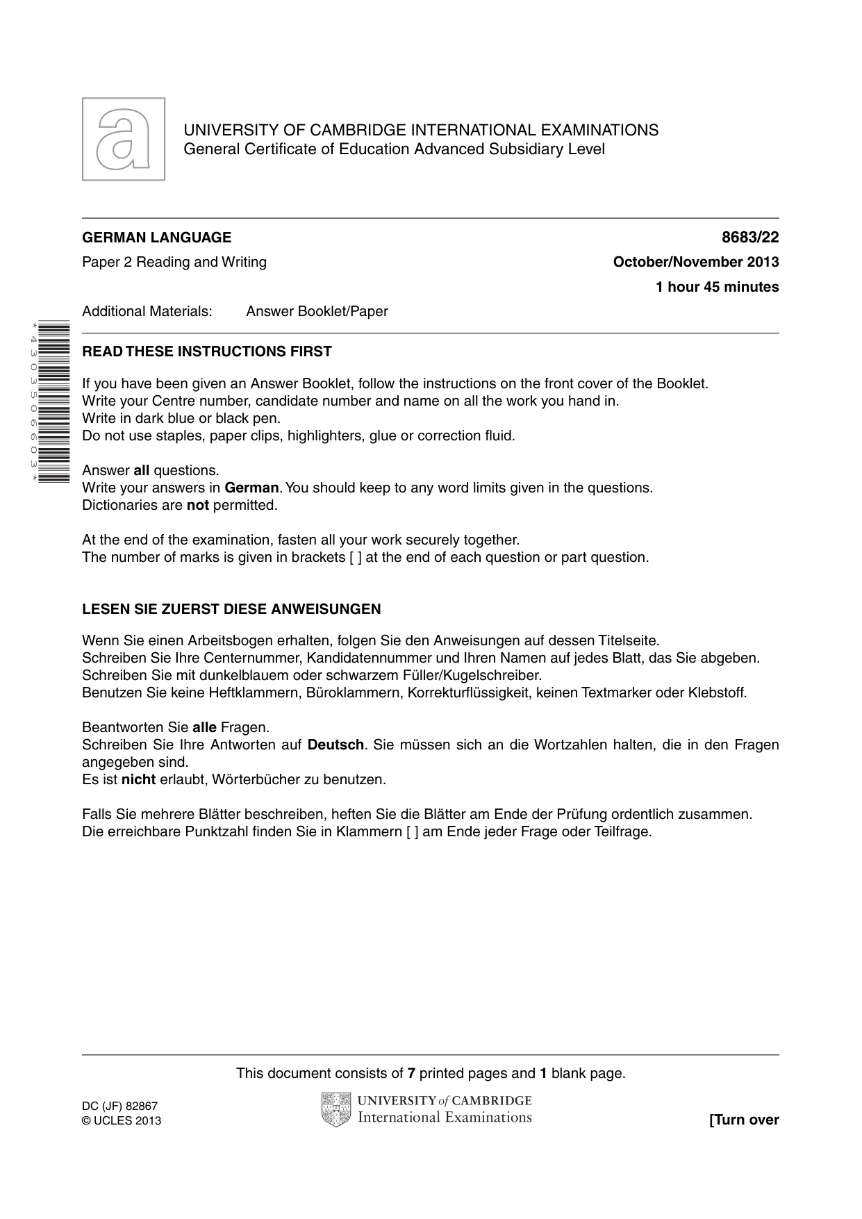 Cambridge A Level German - Language (AS Level only) 8683 2013 Oct/Nov Paper 2 · Variant 2 question paper, page 1 of 8