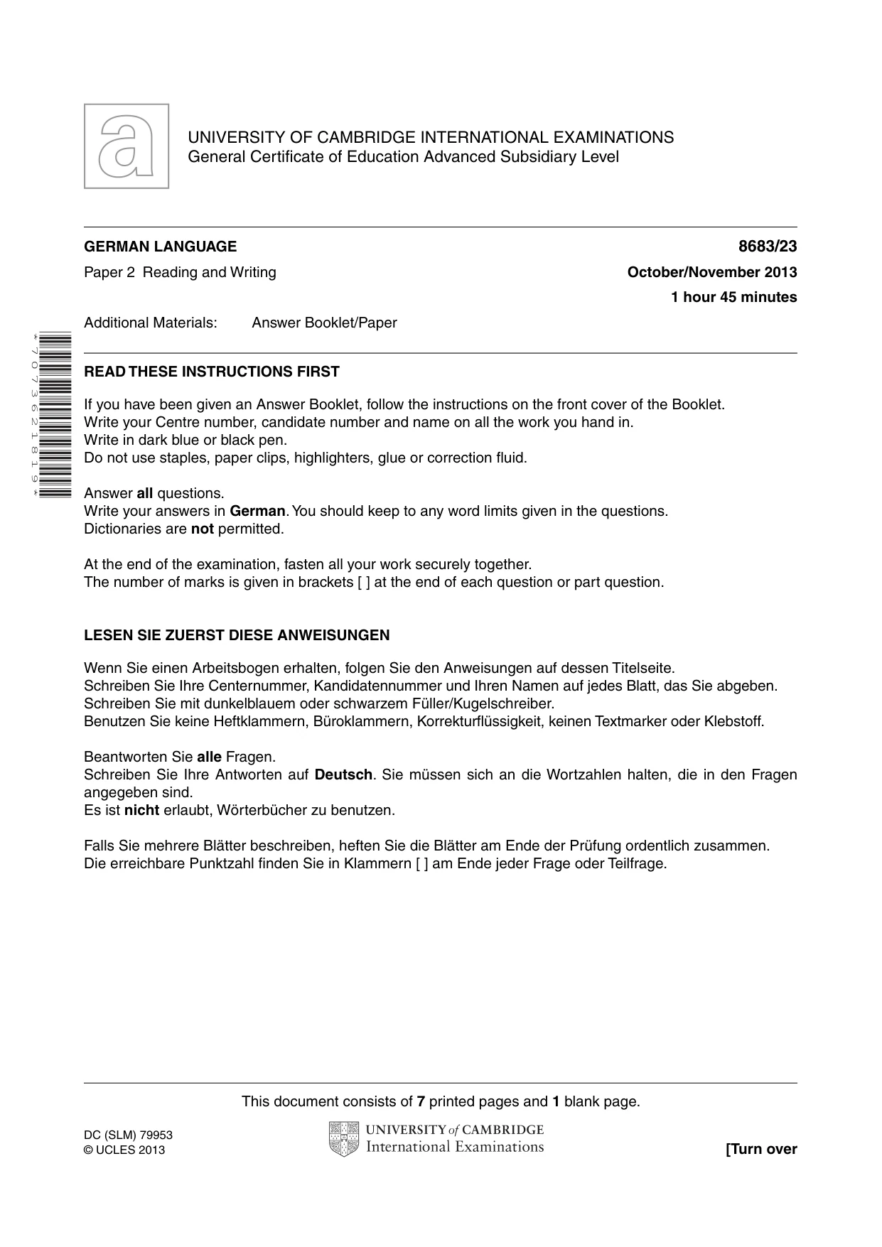 Cambridge A Level German - Language (AS Level only) 8683 2013 Oct/Nov Paper 2 · Variant 3 question paper, page 1 of 8