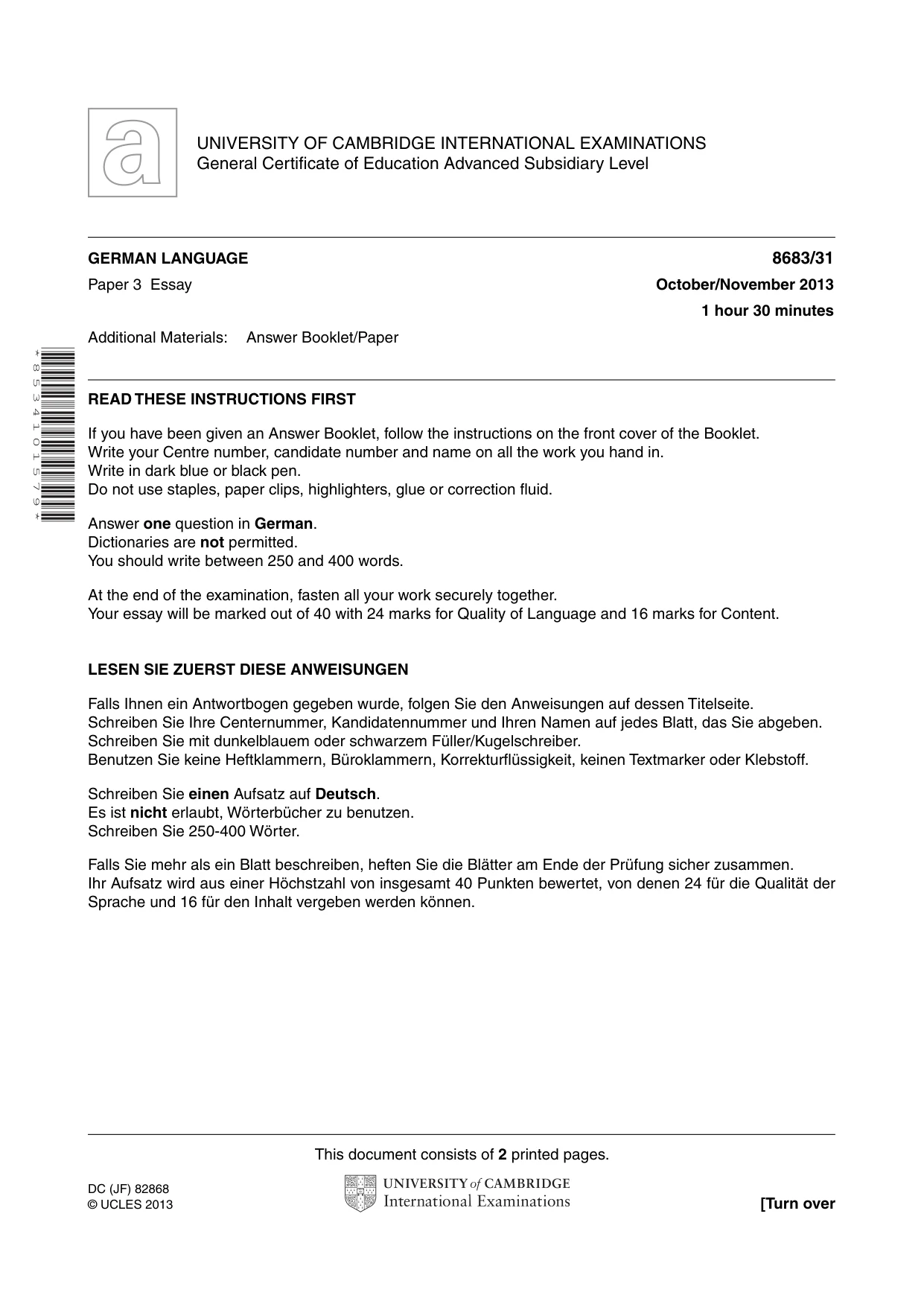 Cambridge A Level German - Language (AS Level only) 8683 2013 Oct/Nov Paper 3 · Variant 1 question paper, page 1 of 2
