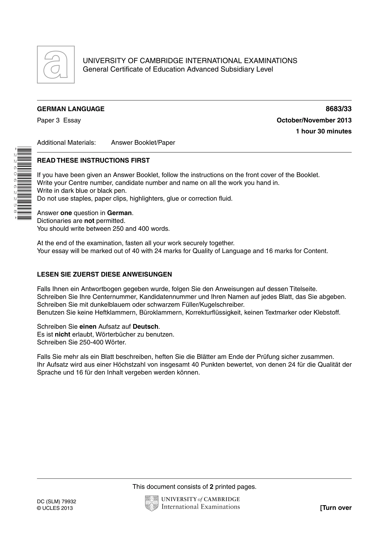Cambridge A Level German - Language (AS Level only) 8683 2013 Oct/Nov Paper 3 · Variant 3 question paper, page 1 of 2
