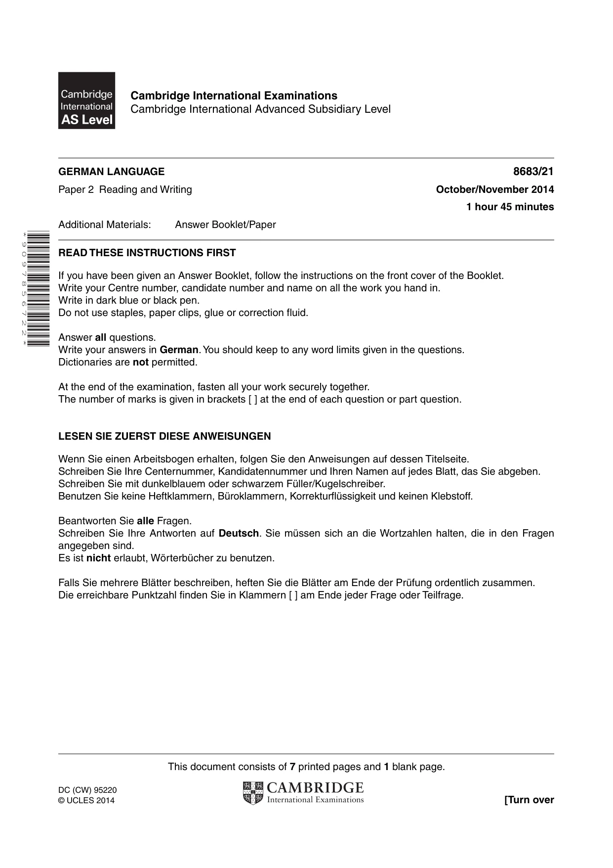 Cambridge A Level German - Language (AS Level only) 8683 2014 Oct/Nov Paper 2 · Variant 1 question paper, page 1 of 8