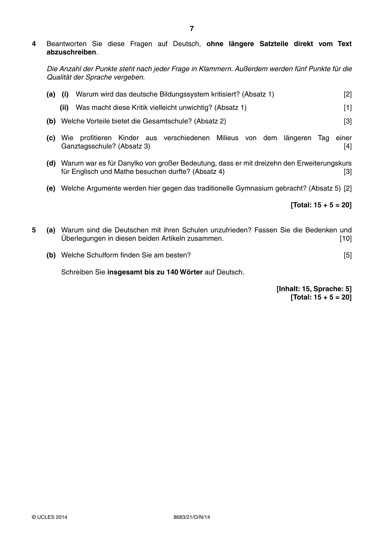 Cambridge A Level German - Language (AS Level only) 8683 2014 Oct/Nov Paper 2 · Variant 1 question paper, page 7 of 8