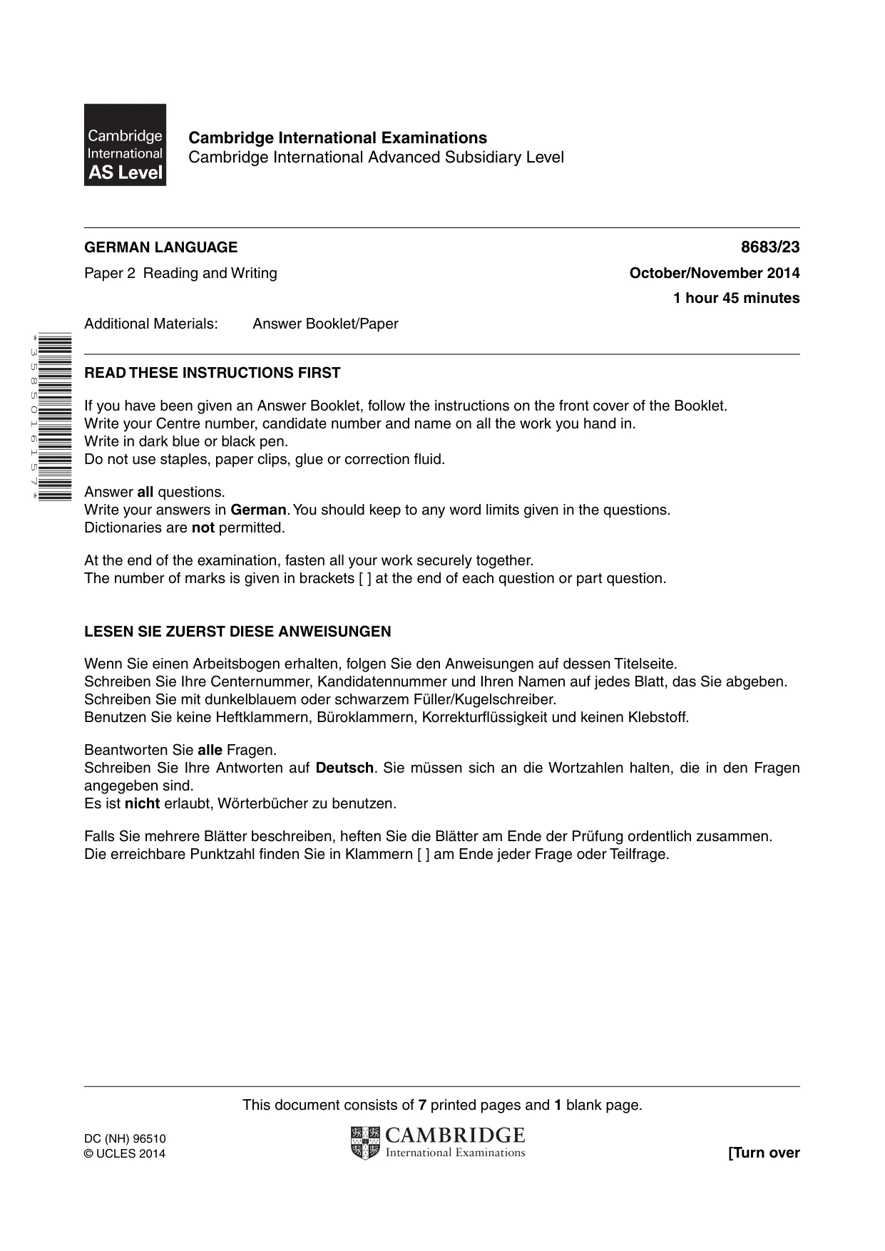 Cambridge A Level German - Language (AS Level only) 8683 2014 Oct/Nov Paper 2 · Variant 3 question paper, page 1 of 8