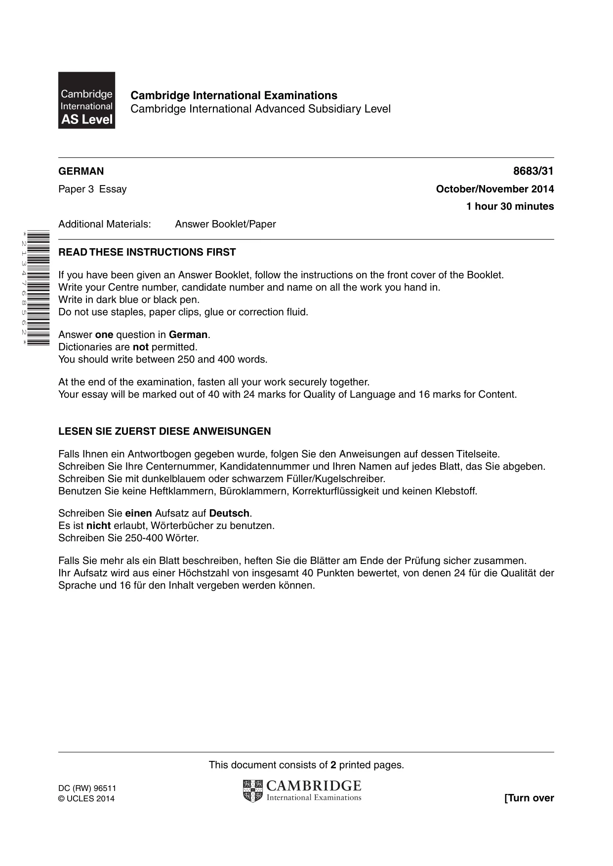 Cambridge A Level German - Language (AS Level only) 8683 2014 Oct/Nov Paper 3 · Variant 1 question paper, page 1 of 2