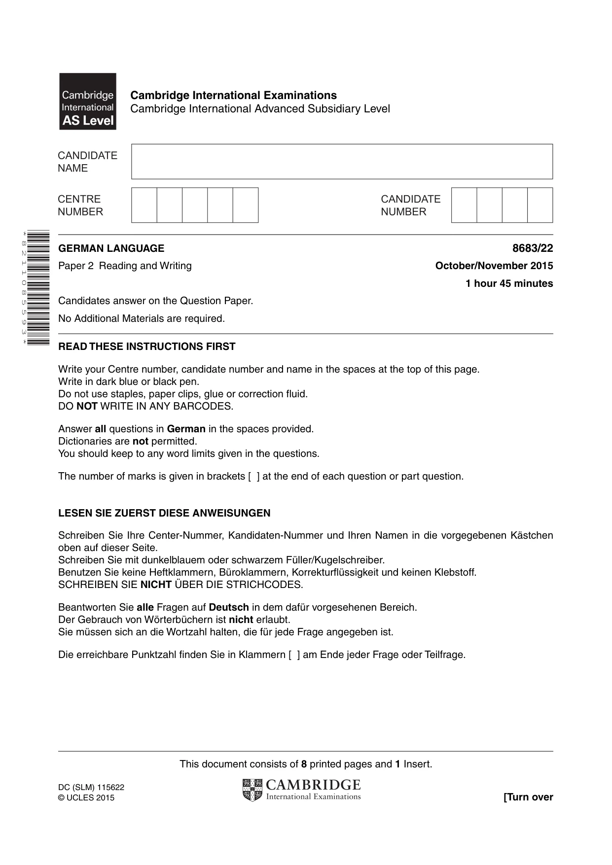 Cambridge A Level German - Language (AS Level only) 8683 2015 Oct/Nov Paper 2 · Variant 2 question paper, page 1 of 8