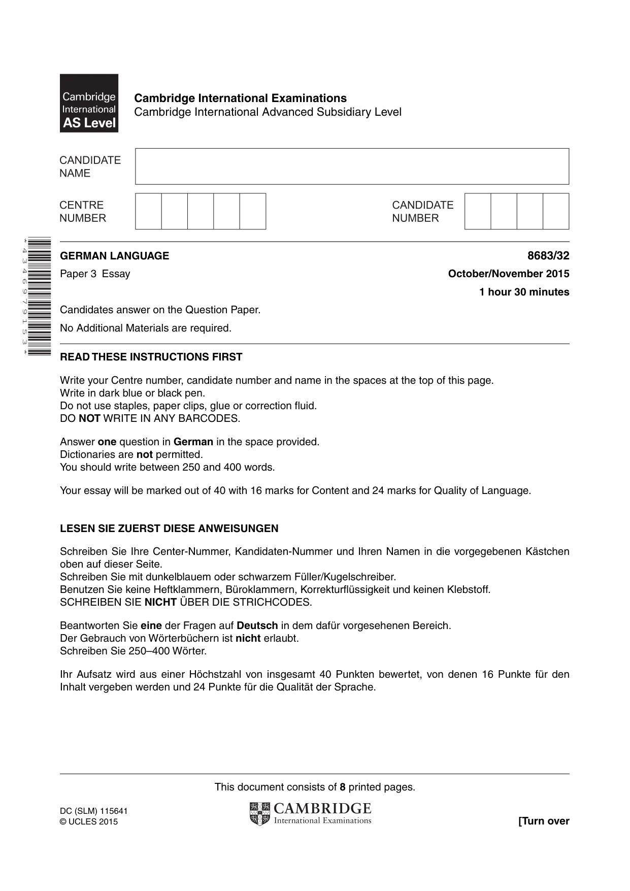 Cambridge A Level German - Language (AS Level only) 8683 2015 Oct/Nov Paper 3 · Variant 2 question paper, page 1 of 8