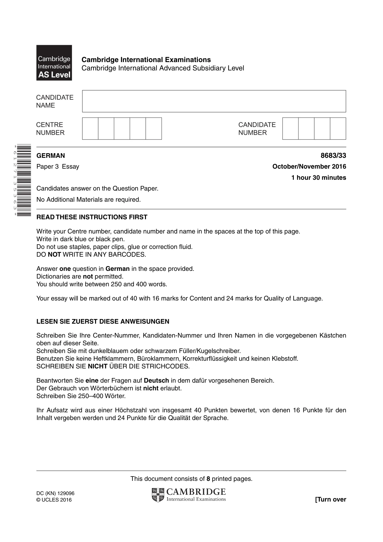 Cambridge A Level German - Language (AS Level only) 8683 2016 Oct/Nov Paper 3 · Variant 3 question paper, page 1 of 8