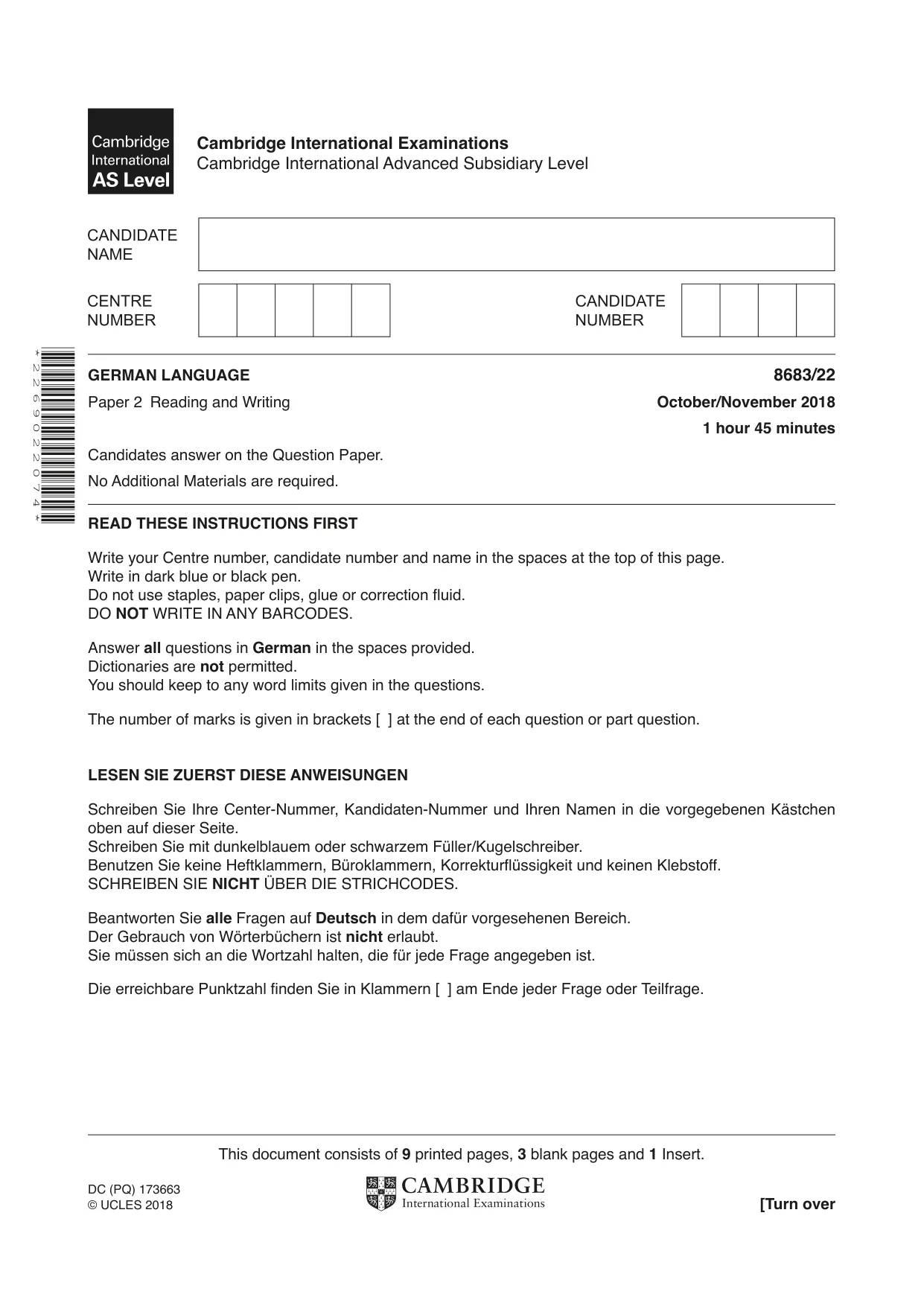 Cambridge A Level German - Language (AS Level only) 8683 2018 Oct/Nov Paper 2 · Variant 2 question paper, page 1 of 12