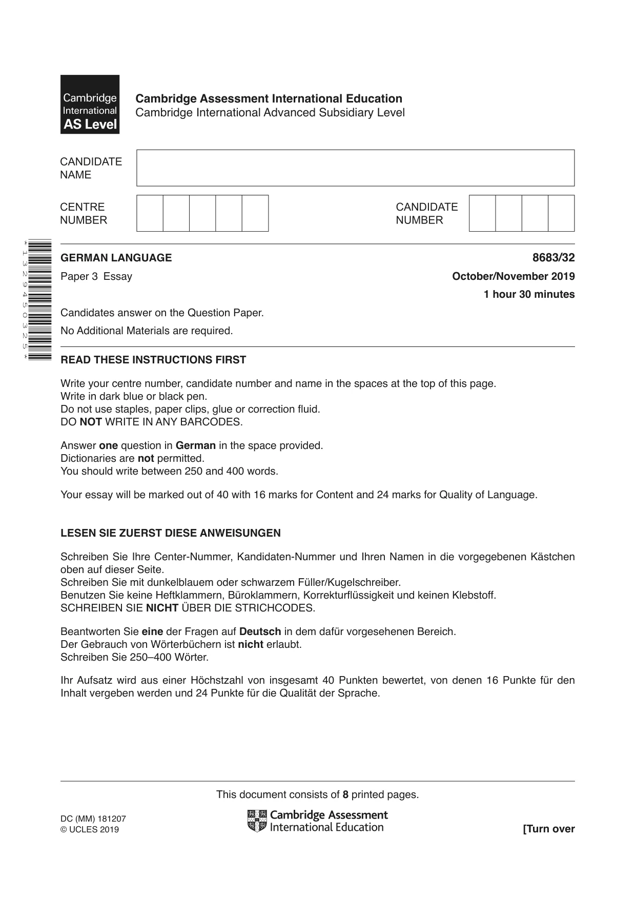 Cambridge A Level German - Language (AS Level only) 8683 2019 Oct/Nov Paper 3 · Variant 2 question paper, page 1 of 8